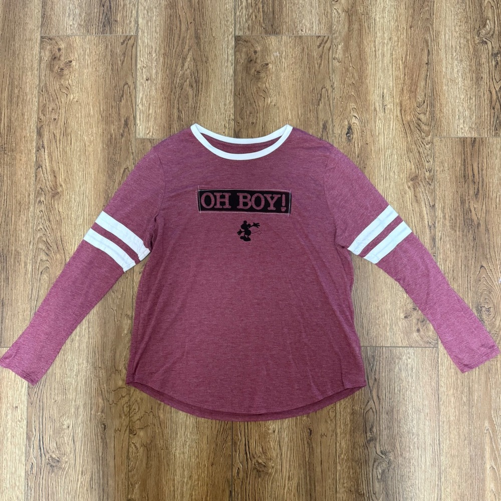 Disney Mickey Mouse Oh Boy Maroon Long Sleeve Graphic T-Shirt Womens XL